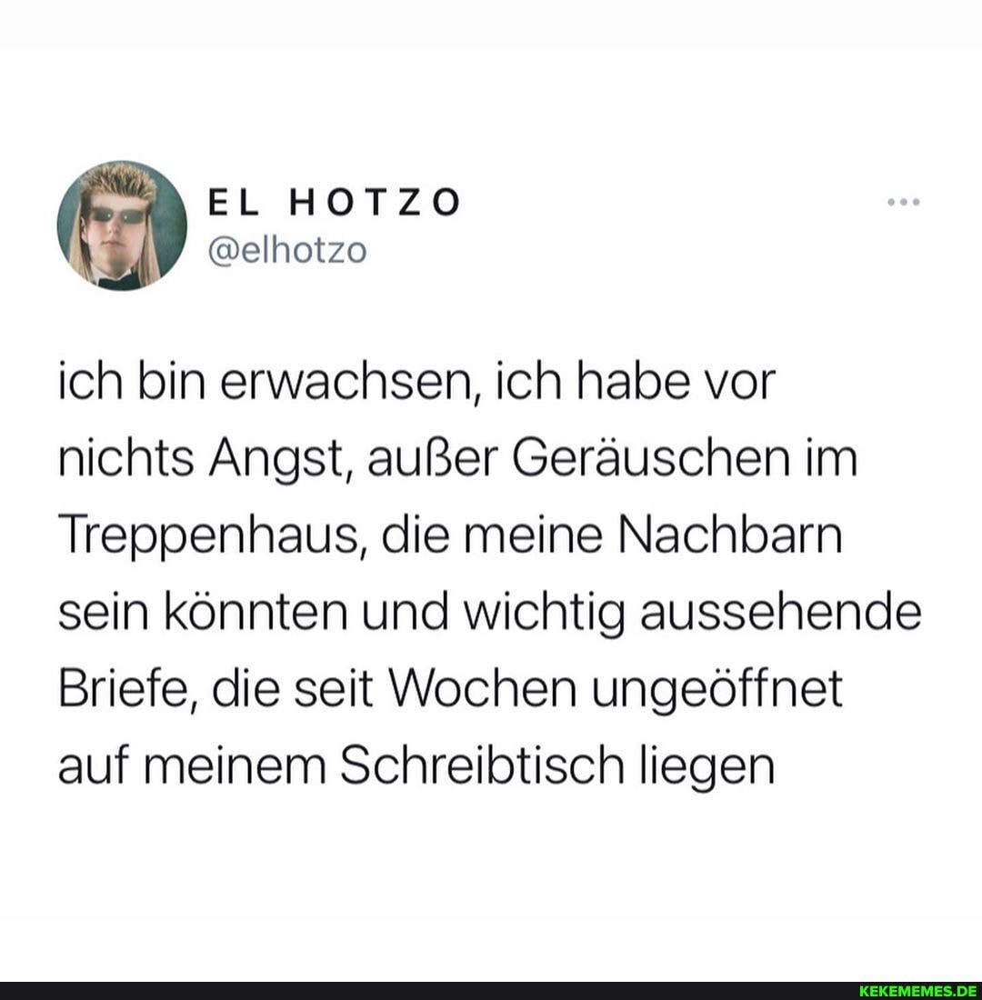 EL HOTZO @elhotzo
ich bin erwachsen, ich habe vor nichts Angst, außer Geräuschen im
Treppenhaus, die meine Nachbarn sein könnten und wichtig aussehende
Briefe, die seit Wochen ungeöffnet auf meinem Schreibtisch liegen