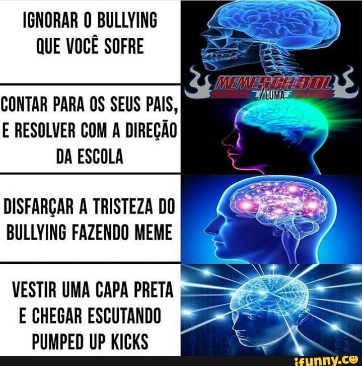 IGNORAR O BULLYING
QUE VOCÊ SOFRE
CONTAR PARA OS SEUS PAIS,
E RESOLVER COM A DIREÇÃO
DA ESCOLA
DISFARÇAR A TRISTEZA DO
BULLYING FAZENDO MEME
VESTIR UMA CAPA PRETA = Ss
E CHEGAR ESCUTANDO E A