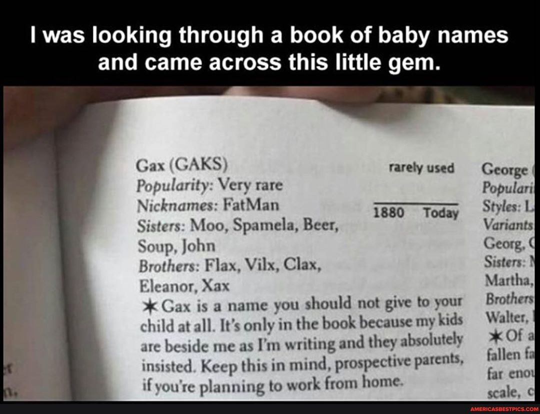 I was looking through a book of baby names and came across this little gem.
Gas (GAKS) rarely used George I
Popularity: Very rare Populari
Nicknames: FatMan 1880 Today Styles:
Sisters: Moo, Spamela, Beer, Variants
Soup, John Georg
Brothers: Flax, Vilx, Clax, Sisters: }
Eleanor, Nan Martha,
Gax is a name you should not give to your Brothers child at all. It's only in the book because my kids Walter, are beside me as I'm writing and they absolutely Of insisted. Keep this in mind, prospective parents, if you're planning to work from home.