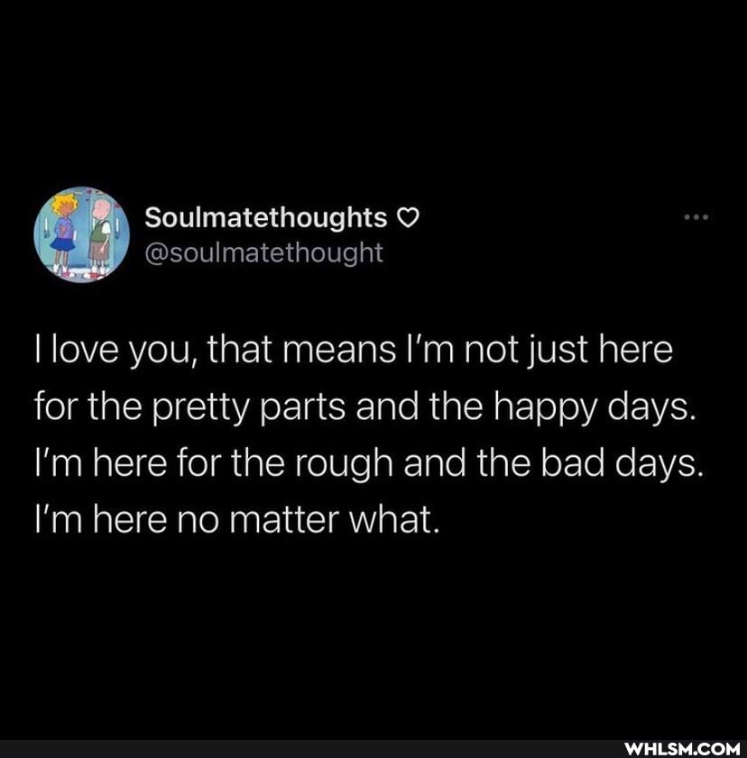 I love you, that means I'm not just here for the pretty parts and the happy days.
I'm here for the rough and the bad days.
I'm here no matter what.