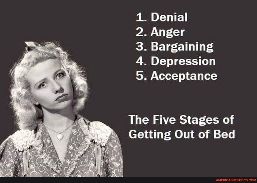 1. Denial
2. Anger
3. Bargaining
4. Depression
5. Acceptance
The Five Stages of
Getting Out of Bed