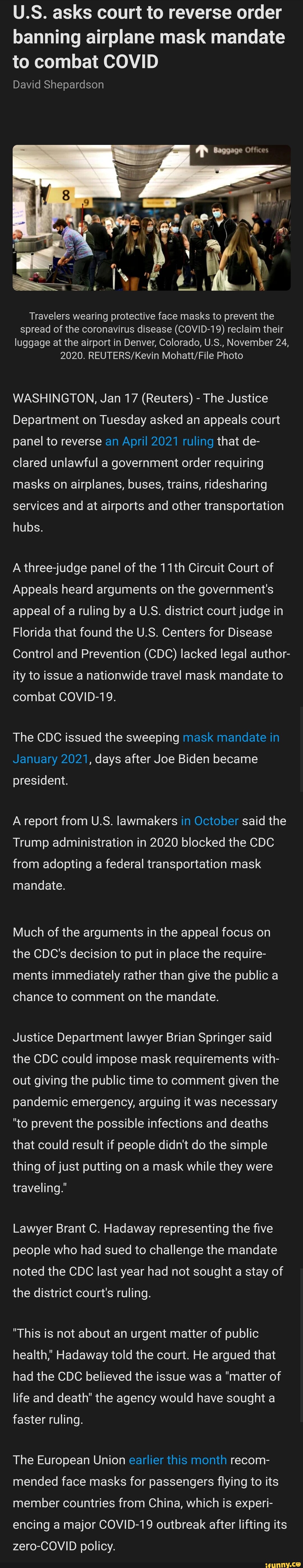U.S. asks court to reverse order banning airplane mask mandate to