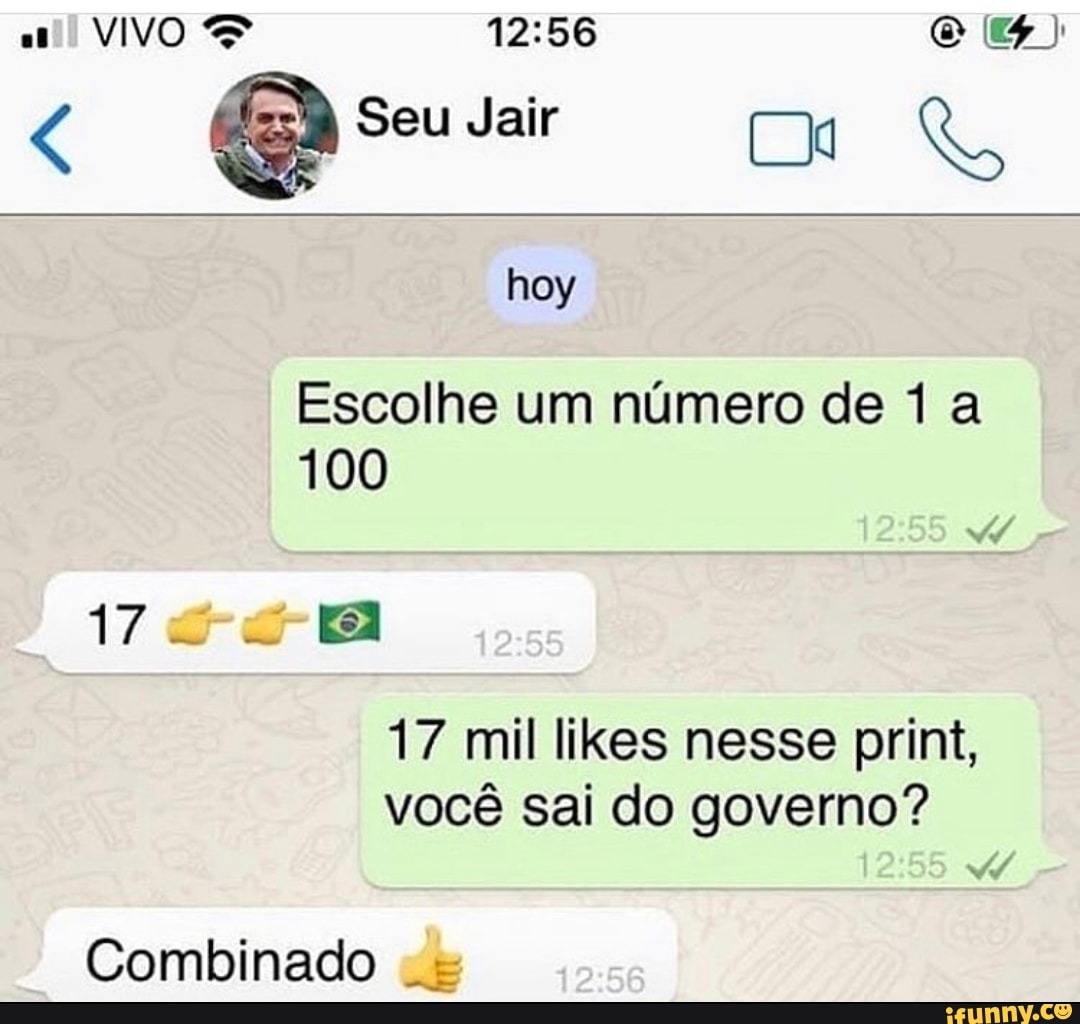 VIVO
Seu Jair
Escolhe um número de 1 a
100
17 mil likes nesse print,
você sai do governo?
Combinado