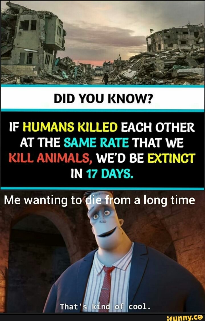 DID YOU KNOW?
IF HUMANS KILLED EACH OTHER AT THE SAME RATE THAT WE KILL ANIMALS, WE'D BE EXTINCT IN 17 DAYS.
from a long time
Me wanting to"
ct