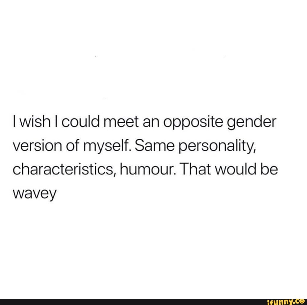 I wish I could meet an opposite gender version of myself. Same personality, characteristics, humour. That would be wavey
