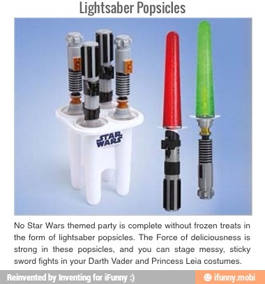 Lightsaber Popsicles
No Star Wars themed party is
complete without frozen treats in
the form of lightsaber popsicles. The Force of
deliciousness is
strong in
these popsicles, and you can stage messy, sticky
'sword fights in your Darth Vader and Princess Leia costumes.