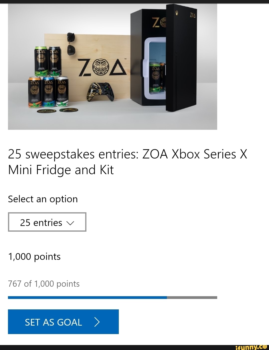 25 sweepstakes entries ZOA Xbox Series X Mini Fridge and Kit Select an