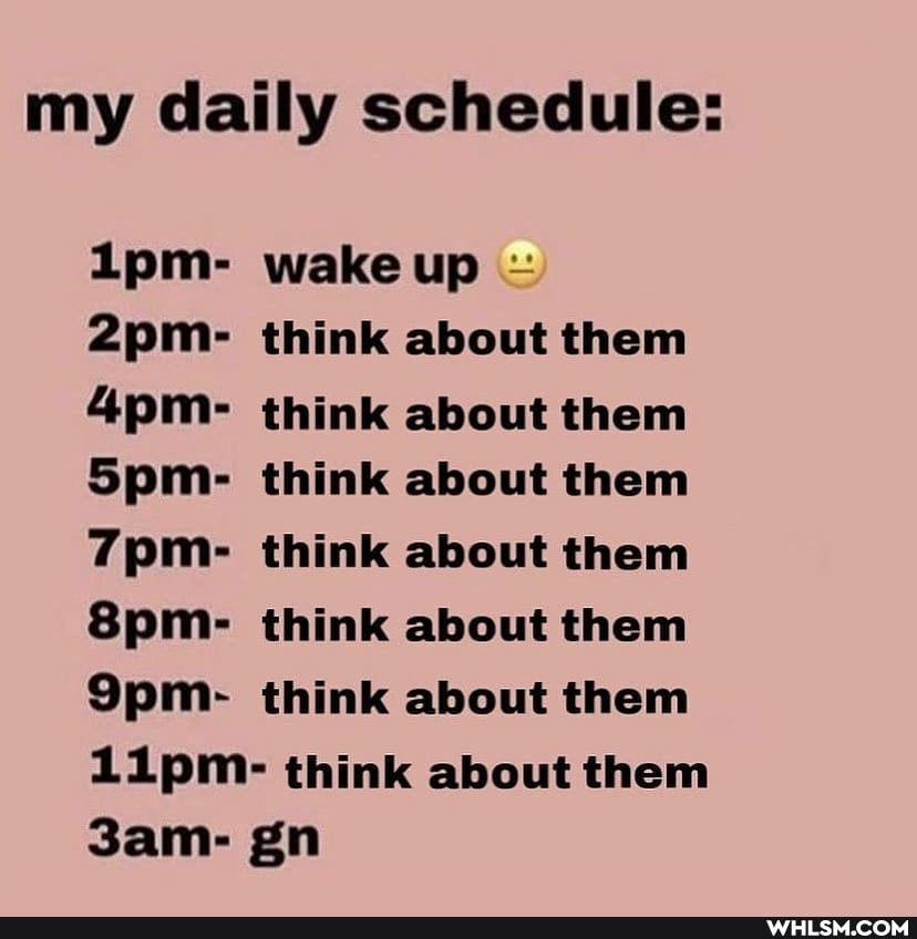 my daily schedule:
Lpm- wakeup
think about them think about them
Spm- think about them think about them think about them think about them
Lipm- think about them gn