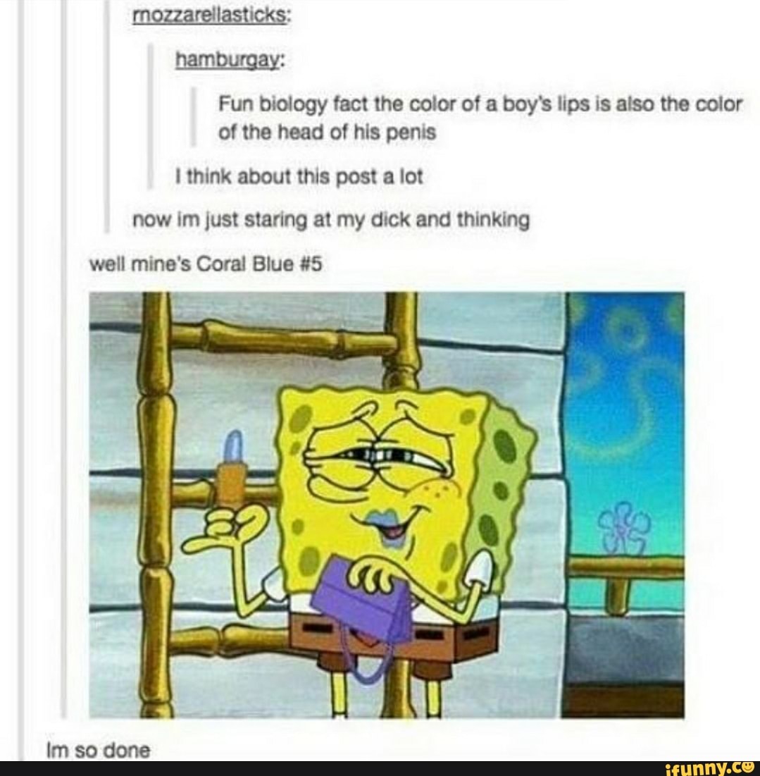 Fun biology fact the color of a boy's lips is also the color
of the head of his penis
I think about this post a lot
now im just staring at my dick and thinking
well mine's Coral Blue $5