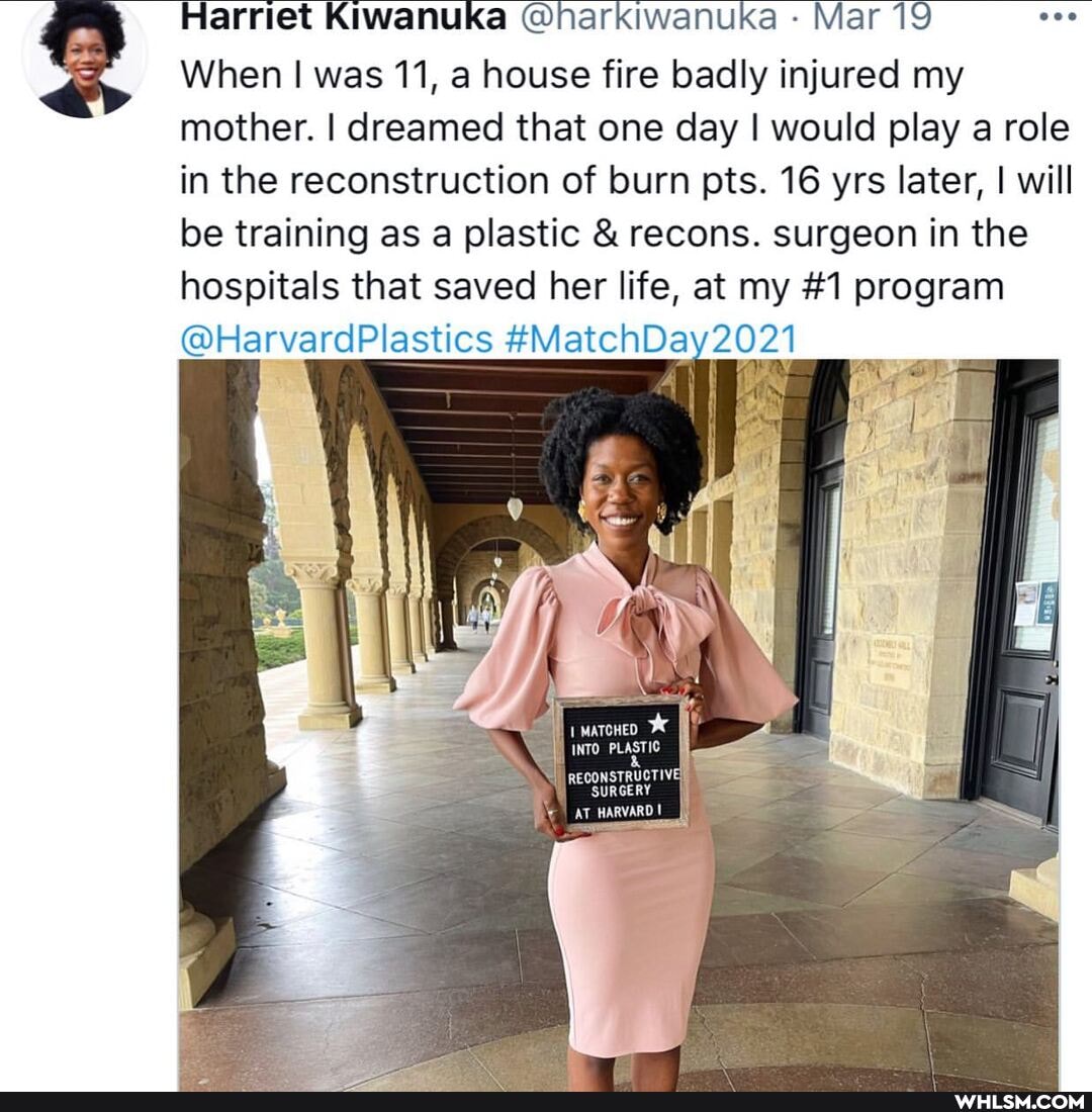 Harriet Kiwanuka @harkiwanuka - Mar 19
When I was 11, a house fire badly injured my mother. I dreamed that one day I would play a role in the reconstruction of burn pts. 16 yrs later, I will be training as a plastic & recons. surgeon in the hospitals that saved her life, at my #1 program
@HarvardPlastics #MatchDa 2021
INTO PLASTIC
SURGERY I
AT HARVARDI