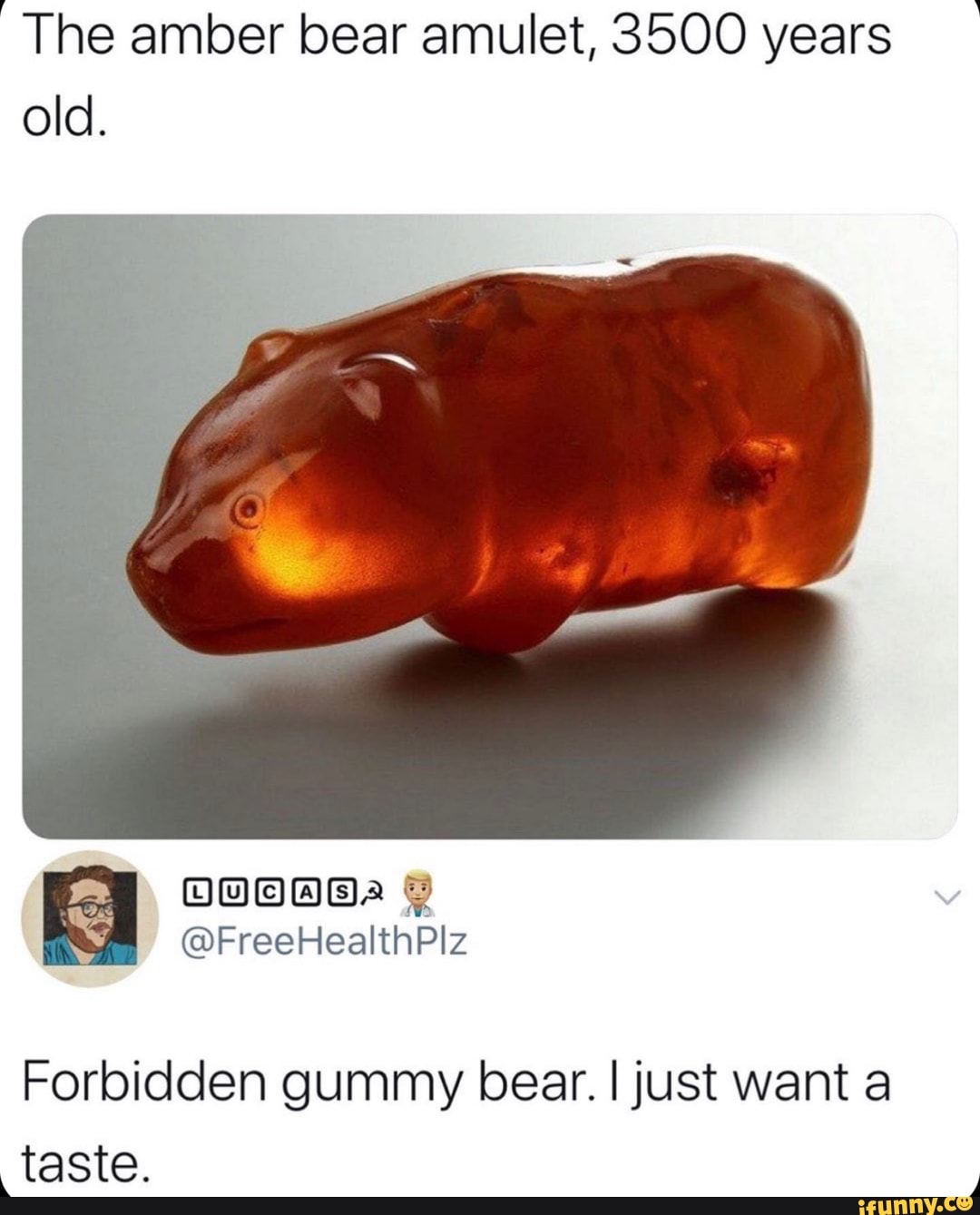 ~The amber bear amulet, 3500 years old. Forbidden gummy bear. I just ...