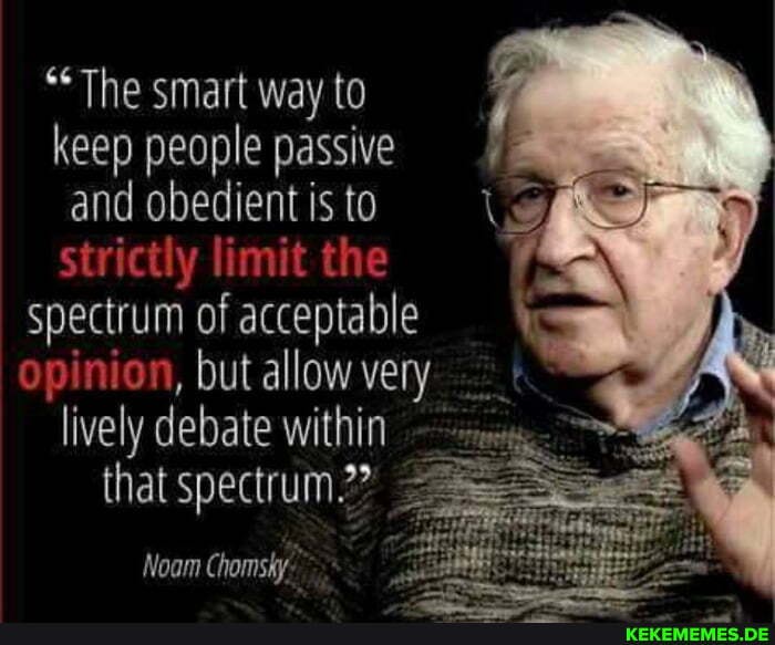"The smart way to keep people passive and obedient is to strictly limit the spectrum of acceptable opinion, but allow very.
lively debate within
that spectrum.?
Noam Chomsky"