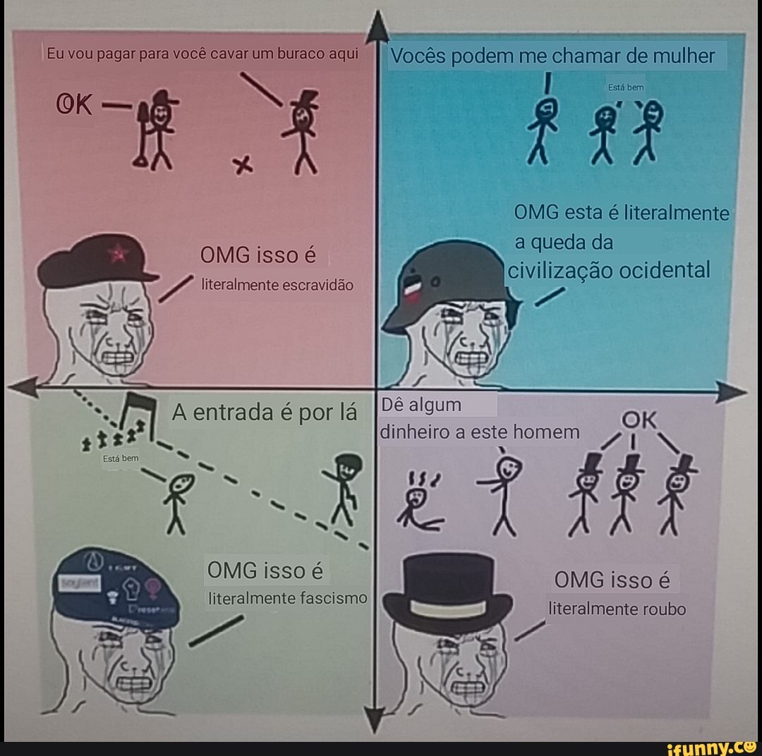 Eu vou pagar para você cavar um buraco aqui
OMG isso é literalmente escravidão
Vocês podem me chamar de mulher
Esrá bem
OMG esta é literalmente
a queda da civilização ocidental
A entrada é por lá De algum OK dinheiro a este homem K
OMG isso é
literalmente fascismo
OMG isso é
literalmente roubo
