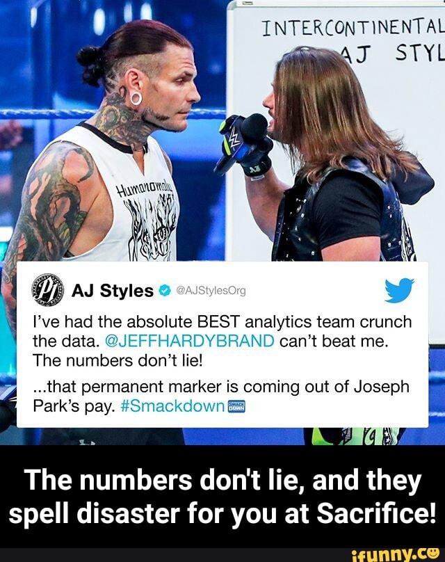 INTERCONTINENTAL
I've had the absolute BEST analytics team crunch
the data. @JEFFHARDYBRAND can't beat me.
The numbers don't lie!
...that Park's permanent pay. marker is coming #Smackdown out of Joseph E Park's pay. #Smackdown
The numbers don't lie, and they spell disaster for you at Sacrifice! - The numbers don't lie, and they spell disaster for you at Sacrifice!