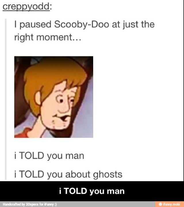 cre odd:
I paused Scooby-Doo at just the
right moment...
i TOLD you man
i TOLD you about ghosts
i TOLD you man - i TOLD you man