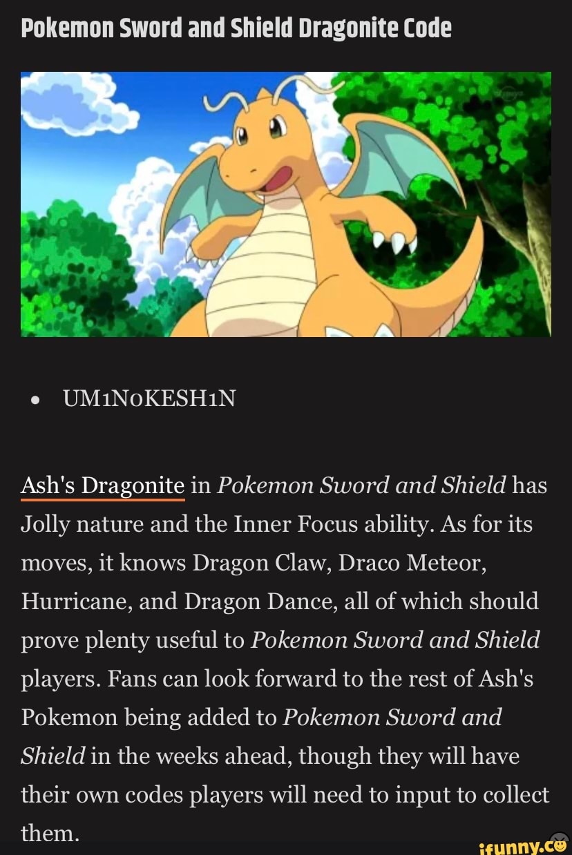 Get Ash's Dragonite for free in Pokémon Sword and Shield with this code for  a limited time only - Meristation
