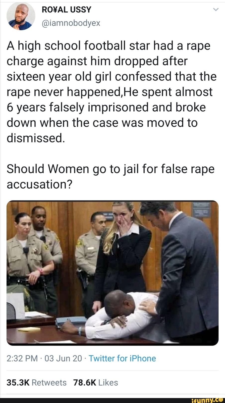 @iamnobodyex
A high school football star had a rape
charge against him dropped after
sixteen year old girl confessed that the
rape never happened,He spent almost
6 years falsely imprisoned and broke
down when the case was moved to
dismissed.
Should Women go to jail for false rape
accusation?
Twitter for iPhone
35.3K Retweets 78.6K Likes