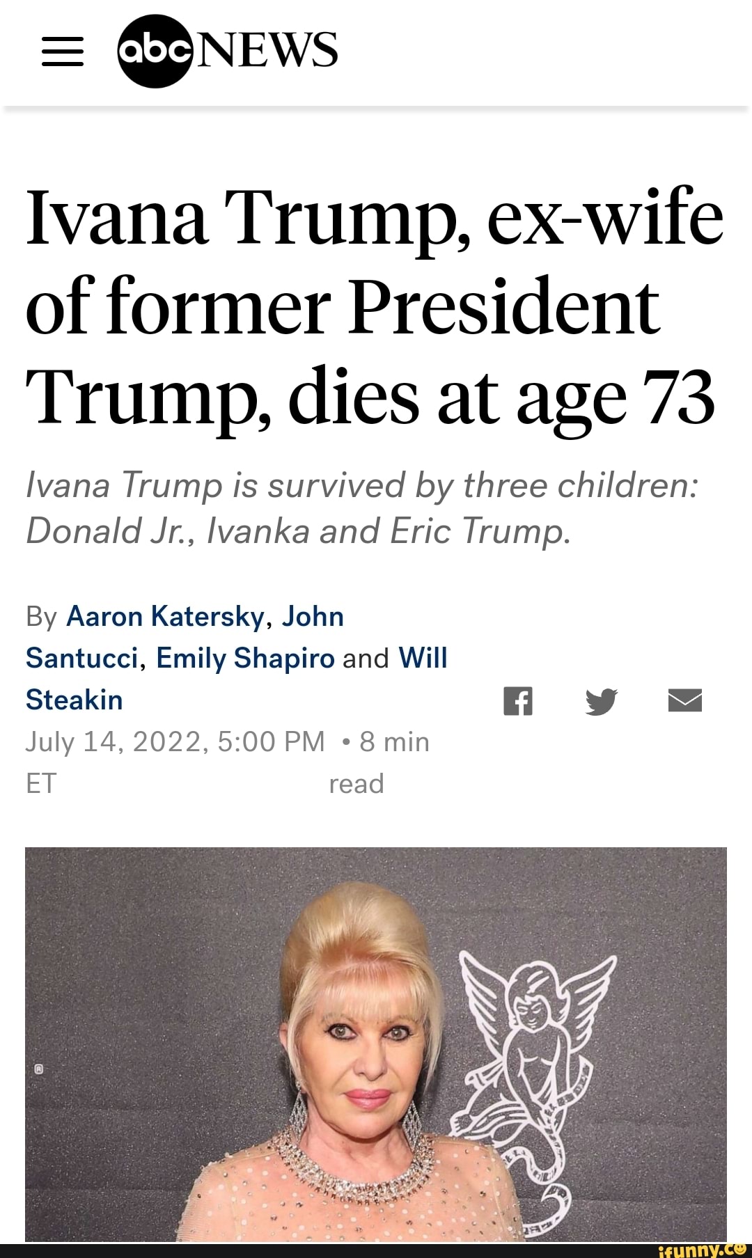 = news Ivana Trump, ex-wife of former President Trump, dies at age 73 