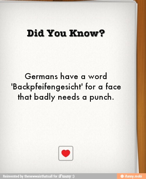 Did You Know?
Germans have a
word
'Backpfeifengesicht' for a
face
that badly needs a
punch.