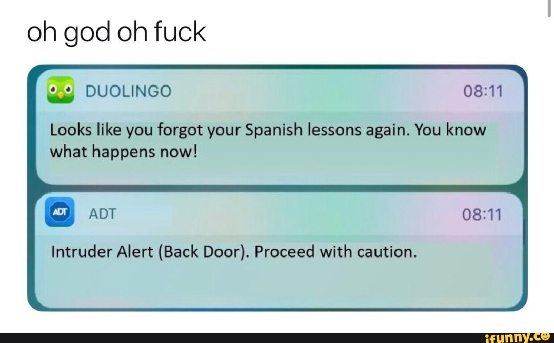 Oh God Oh Fuck Duolingo 08 11 Looks Like You Forgot Your Spanish Lessons Again You Know What Happens Now ª Intruder Alert Back Door Proceed With Caution Ifunny - go back to duolingo and try that again roblox memes