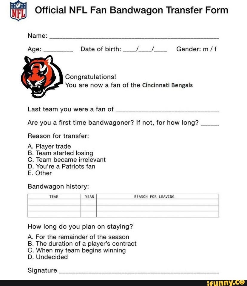 Official NFL Fan Bandwagon Transfer Form Name Age Date of birth