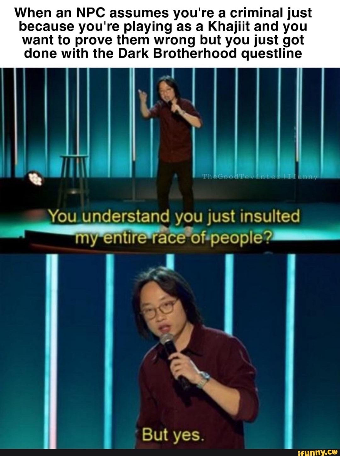 When an NPC assumes you're a criminal just because you're playing as a Khajiit and you want to prove them wrong but you just got done with the Dark Brotherhood questline
You understand you just insulted
ace of people?
y-entire
But yes.