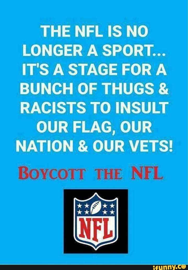 THE NFL IS NO
LONGER A SPORT...
IT'S A STAGE FOR A
BUNCH OF THUGS RACISTS TO INSULT
OUR FLAG, OUR
NATION OUR VETS!