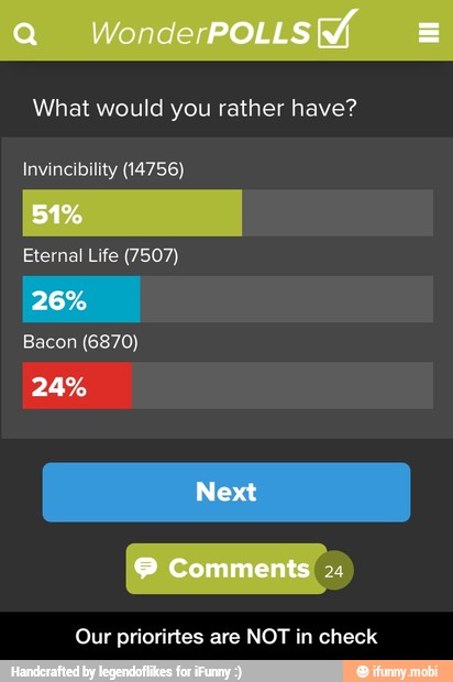What would you rather have?
Invincibility (14756)
Eternal Life (7507)
Our priorirtes are NOT in check - Our priorirtes are NOT in check