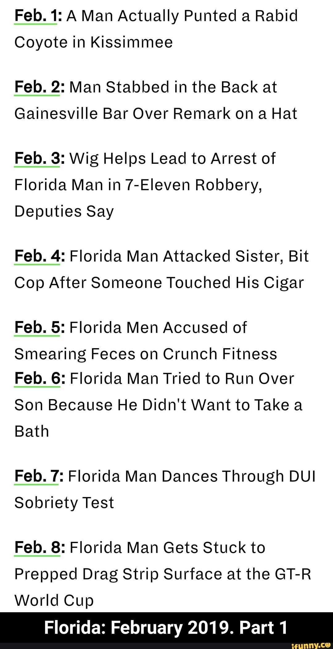 feb 1 a man actually punted a rabid coyote in kissimmee feb 2 man stabbed in the back at gainesville bar over remark on a hat feb 3 wig helps lead to rabid coyote in kissimmee feb