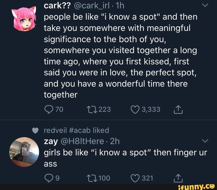 people be like "i know a spot" and then
take you somewhere with meaningful
significance to the both of you,
somewhere you visited together a long
time ago, where you first kissed, first
said you were in love, the perfect spot,
and you have a wonderful time there
together