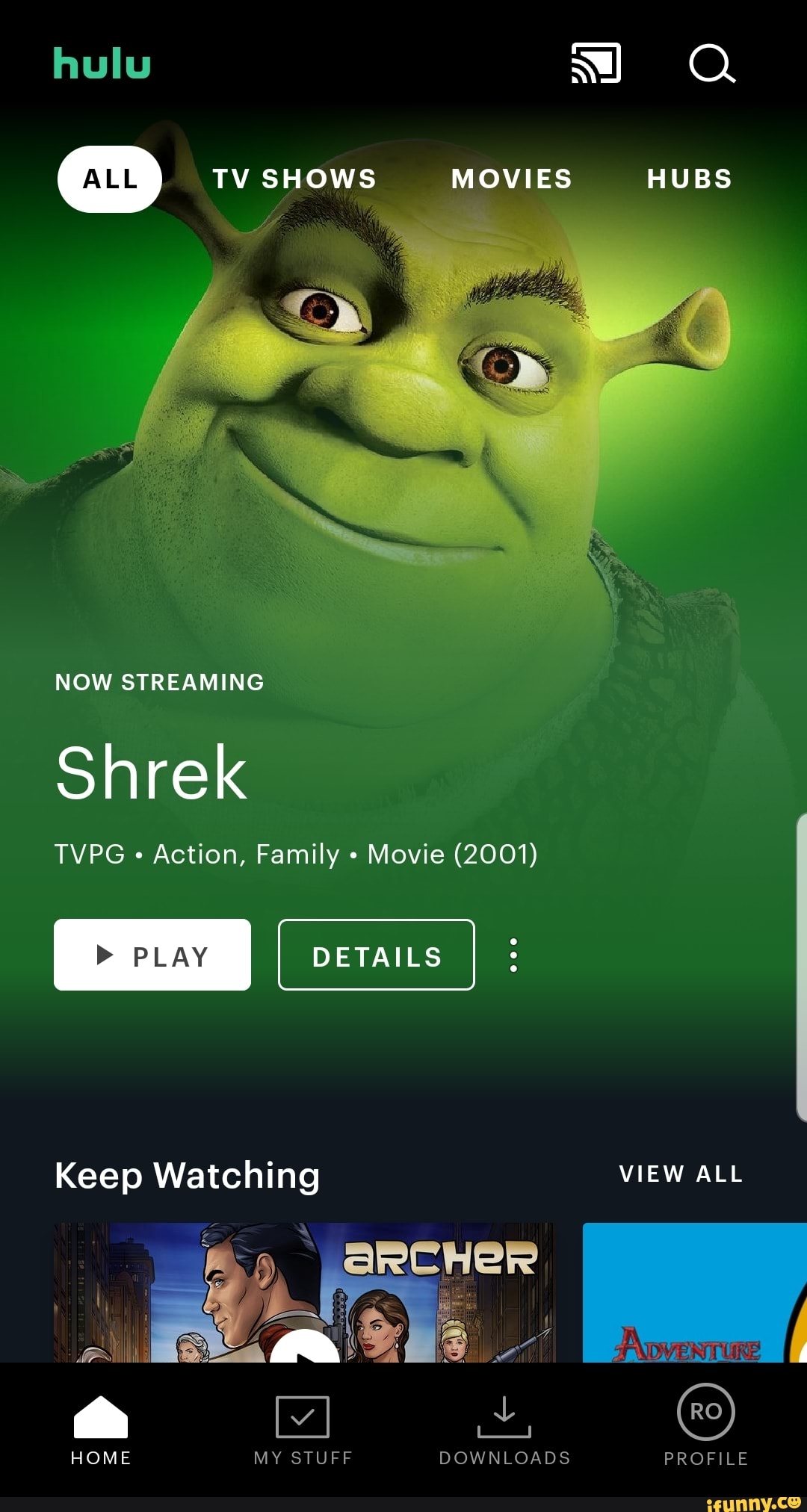 Hulu ALL TY SHOWS MOVIES HUBS NOW STREAMING Shrek TVPG Action, Family