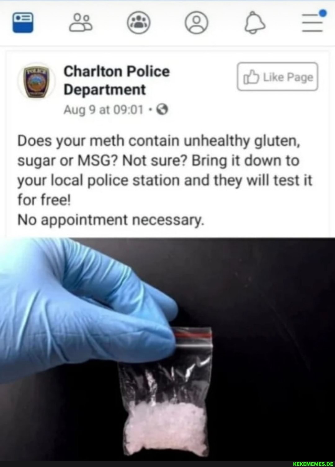 Charlton Police Department Aug 9 at Does your meth contain unhealthy gluten, sug