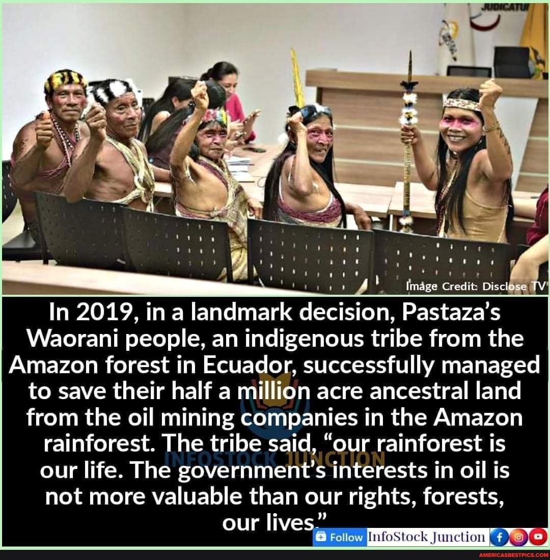CU .
me age om
Image Credit. Disclase TV
In 2019, in a landmark decision, Pastaza's
Waorani people, an indigenous tribe from the
Amazon forest in Ecuador, successfully managed to save their half a million acre ancestral land from the oil mining companies in the Amazon rainforest. The tribe said, "our rainforest is our life. The government's interests in oil is not more valuable than our rights, forests,
our lives"
Foltow
