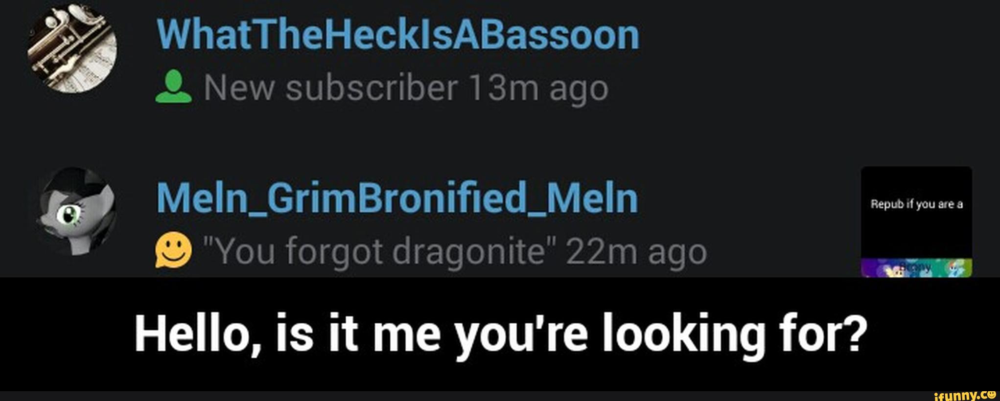 %% WhatTheHeckIsABassoon
:. New subscriber13m ago
I Q "You forgot dragonite" 22m ago
...::“
Hello, is it me you're looking for? - Hello, is it me you're looking for?