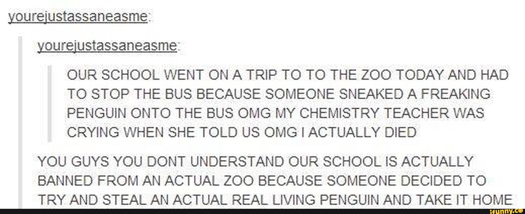 youreiustassaneasme:
OUR SCHOOL WENT ON A TRIP T0 TO THE ZOO TODAY AND HAD
TO STOP THE BUS BECAUSE SOMEONE SNEAKED A FREAKING
PENGUIN ONTO THE BUS OMG MY CHEMISTRY TEACHER WAS
CRYING WHEN SHE TOLD US OMG I ACTUALLY DIED
YOU GUYS YOU DONT UNDERSTAND OUR SCHOOL IS ACTUALLY
BANNED FROM AN ACTUAL ZOO BECAUSE SOMEONE DECIDED TO
TRY AND STEAL AN ACTUAL REAL LIVING PENGUIN AND TAKE IT HOME