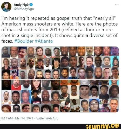 I'm hearing it repeated as gospel truth that "nearly all"
American mass shooters are white. Here are the photos of mass shooters from 2019 (defined as four or more shot in a single incident). It shows quite a diverse set of faces. #Boulder #Atlanta