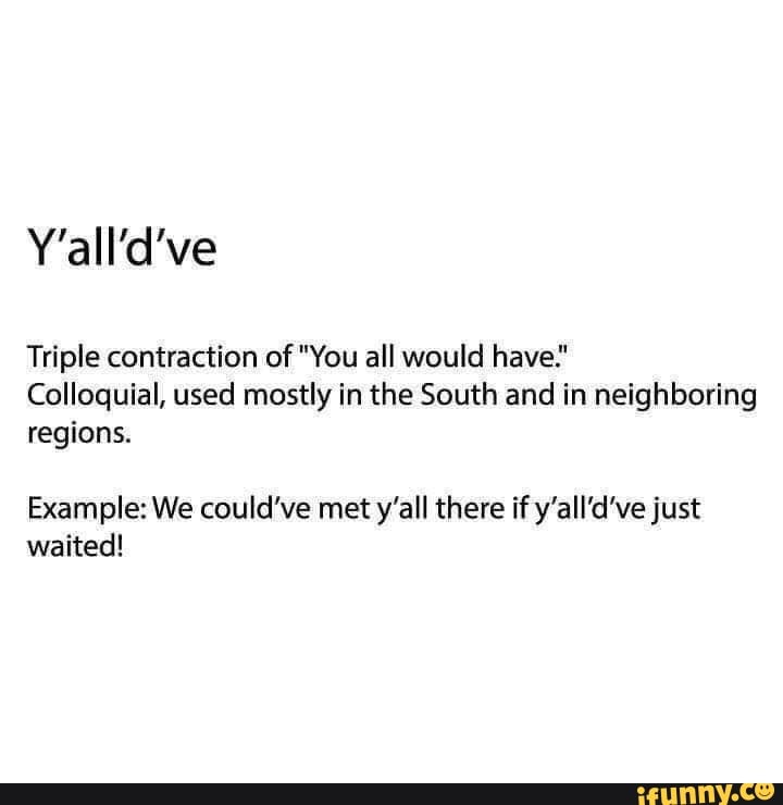 Y'all'd've Triple contraction of "You all would have." Colloquial, used
