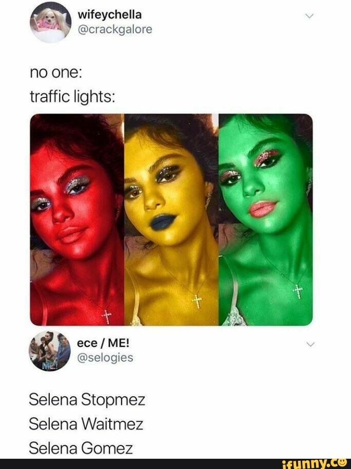 "49 (crackgalore
no one:
traffic lights:
Selena Stopmez
Selena Waitmez