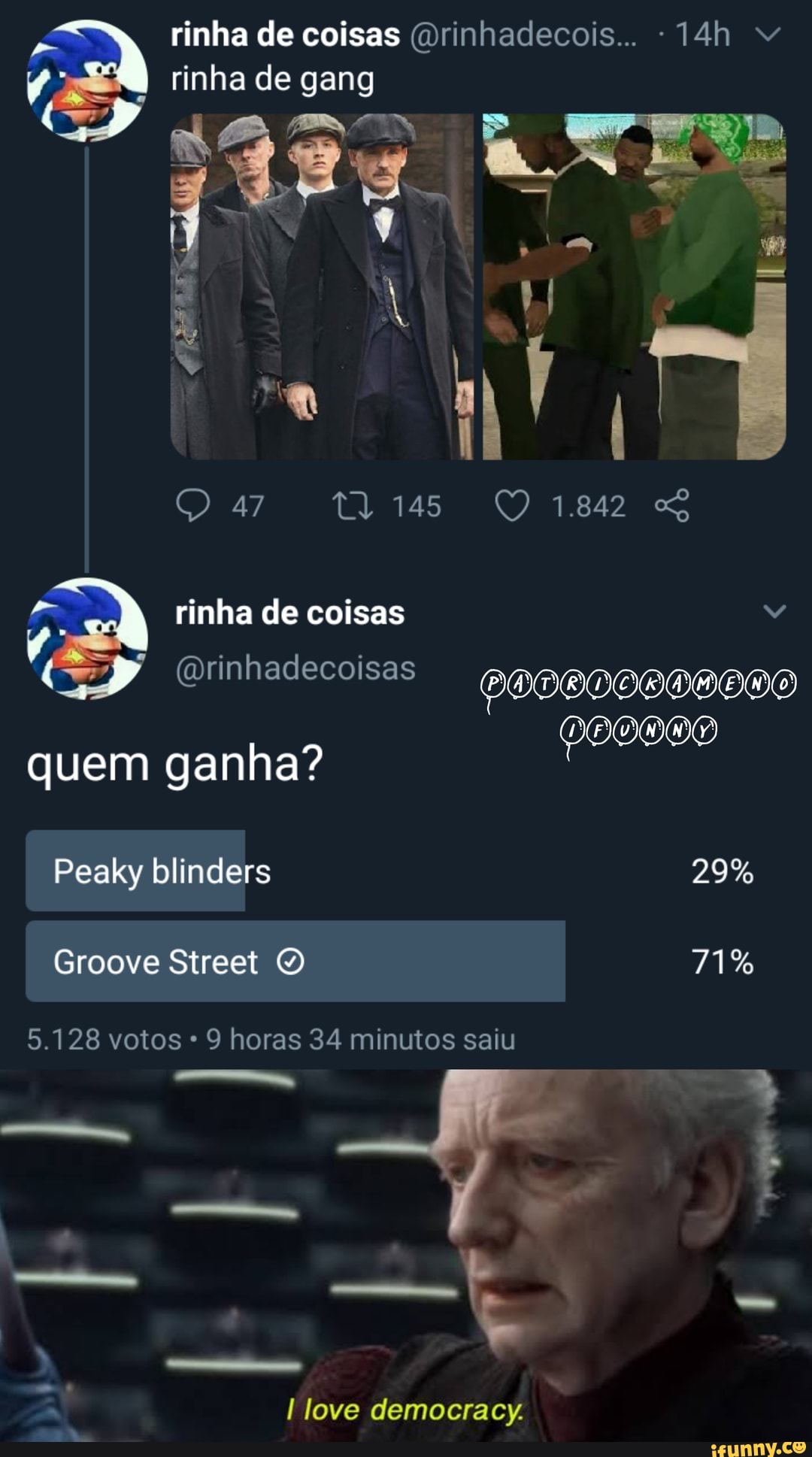 rinha de coisas (Drinhadecois... " rinha de gang
47 1145 Q1.842 SG
rinha de coisas
(ES Gorintadeco
(Drinhadecoisas
quem ganha?
Peaky blinders 29%
Groove Street 71%
5.128 votos * 9 horas 34 minutos saiu
love democracy.