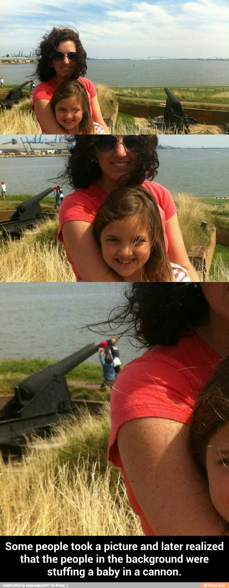 Some people took a picture and later realized that the people in the background were stuffing a baby in a cannon.