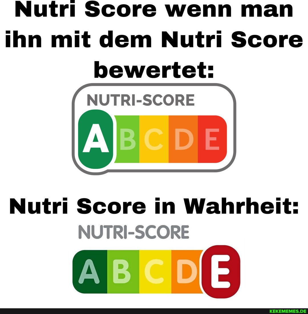 Nutri Score wenn man ihn mit dem Nutri Score bewertet:
NUTRI-SCORE
Nutri Score in Wahrheit:
NUTRI-SCORE