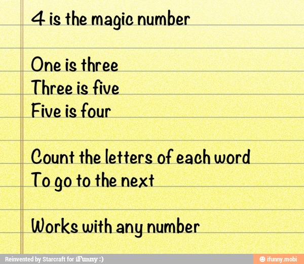 4 ig the magic number
One is three
Three is five
Five is four
Count the letters of each word
To go to the next
Works with any number