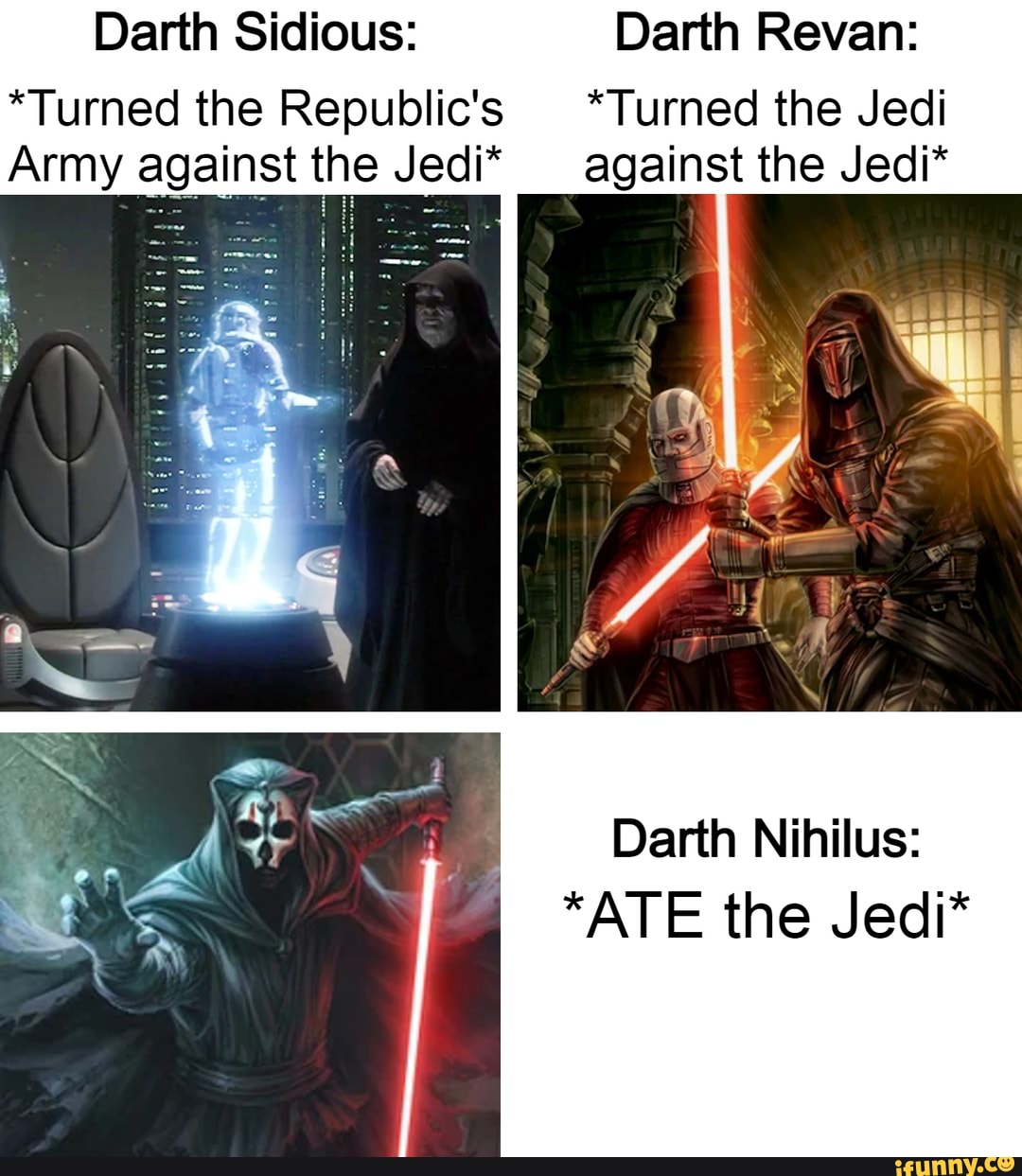 <b>Darth</b> <b>Sidious</b>: <b>Darth</b> Revan: *Turned the Republic&apos;s *Turned the Jedi Ar...