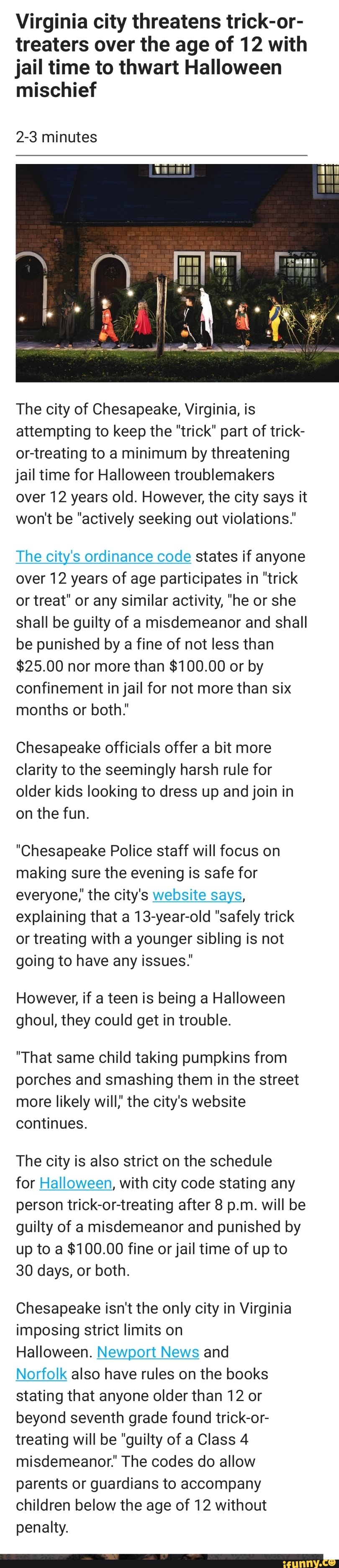 Virginia city threatens trickor treaters over the age of 12 with jail