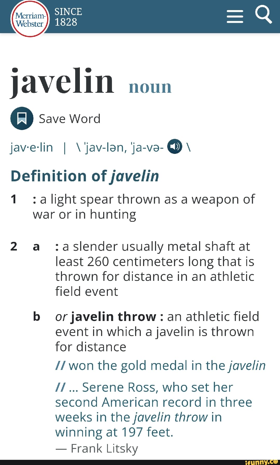 SINCE 1828 Javelin. noun Save Word javelin I \'javlan, java