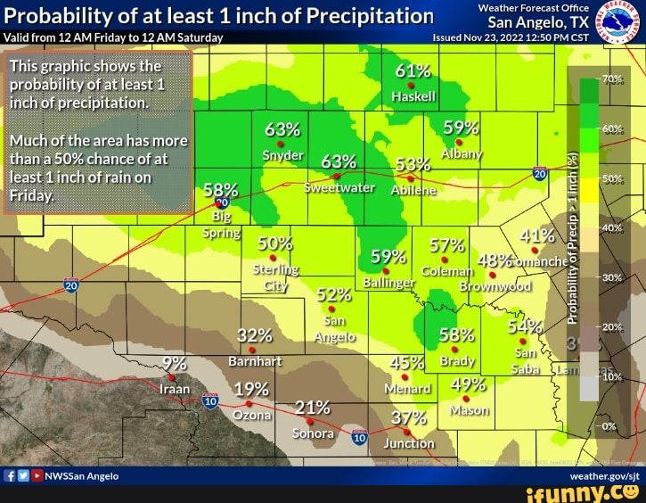 Probability of at least 1 inch of Precipitation TX Valid from 12 AM