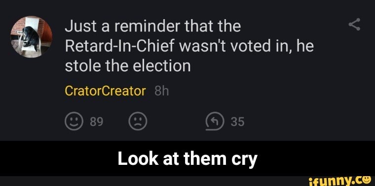 Just reminder that the
Retard-In-Chief wasn't voted in, he stole the election
CratorCreator Sh
89 as
Look at them cry - Look at them cry