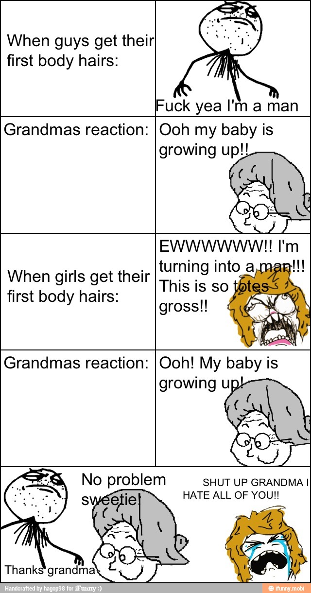 When guys get their
first body hairs:
Fuck yea I'm a man
Grandmas reaction: IOoh my baby is
growing up!!
{turning into a "Mm
When girls get their
This is so ia
first body hairs: ie
Grandmas reaction: IOoh! My baby is
growing up
SHUT UP GRANDMA I
HATE ALL OF YOU!!