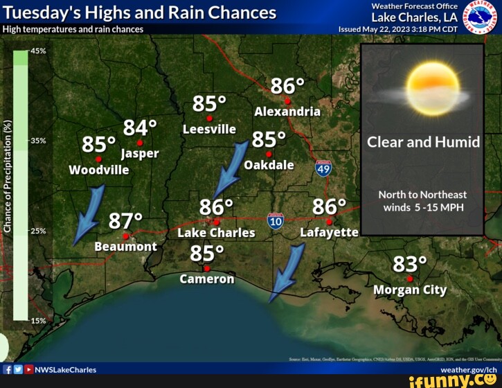 Tuesday's Highs and Rain Chances High temperatures and rain chances 45