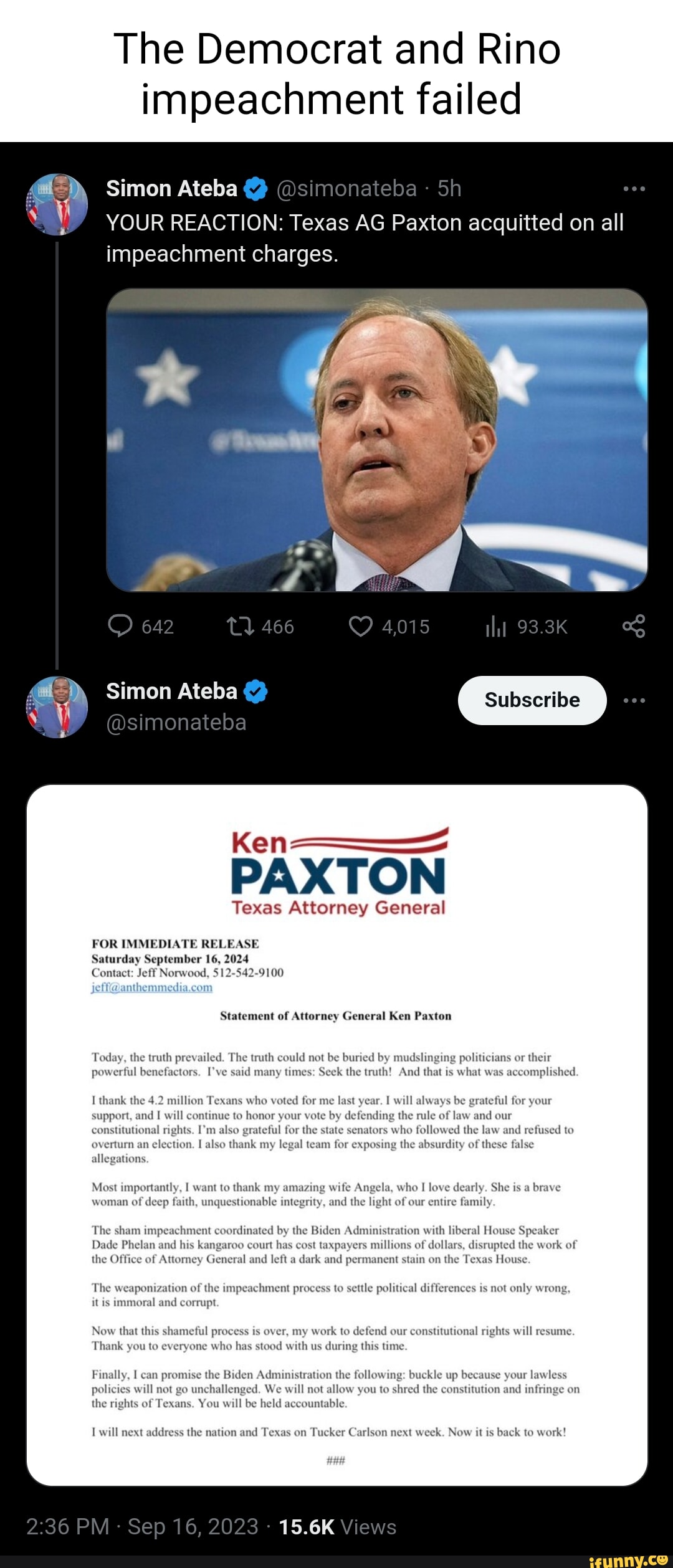 The Democrat And Rino Impeachment Failed Simon Ateba Your Reaction Texas Ag Paxton Acquitted On 0674